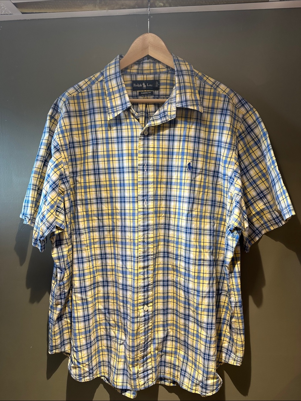 Mens Ralph Lauren Yellow and Blue Plaid Short-Sleeve Button-Down Shirt sz XXL